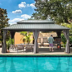 Domi 12’ x 18’ Hardtop Gazebo Aluminum Frame Canopy with Netting & Curtains, Outdoor Permanent Metal Pavilion with Galvanized Steel Double Roof for Patio Lawn and Garden