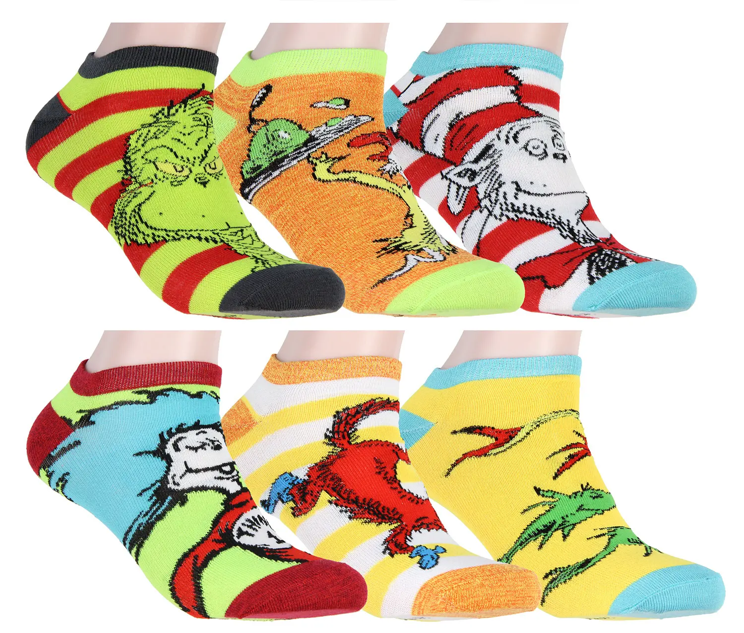 Dr. Seuss' The Grinch Adult Socks, 6-Pack Stylish Character No Show Ankle Socks in Stretchy Fabric, Mix & Match Designs with Green Eggs and Ham, Set, Soft, Menswear