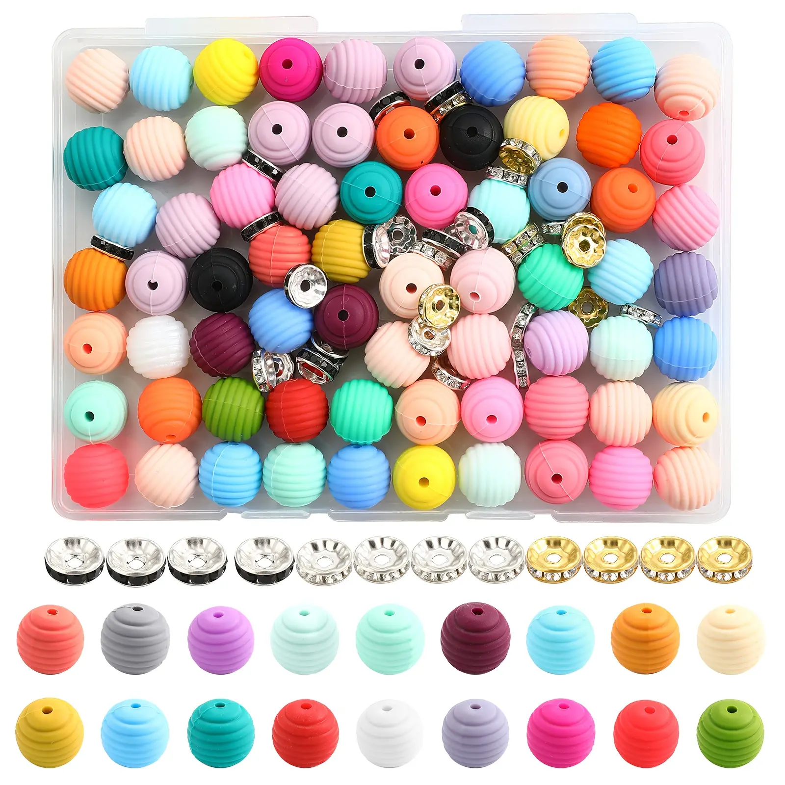 103 Threaded Silicone Beads (15mm, Round Straight Holes) with Storage Box - Multi-Color DIY Jewelry Making Supplies for Bracelets, Christmas Gifts