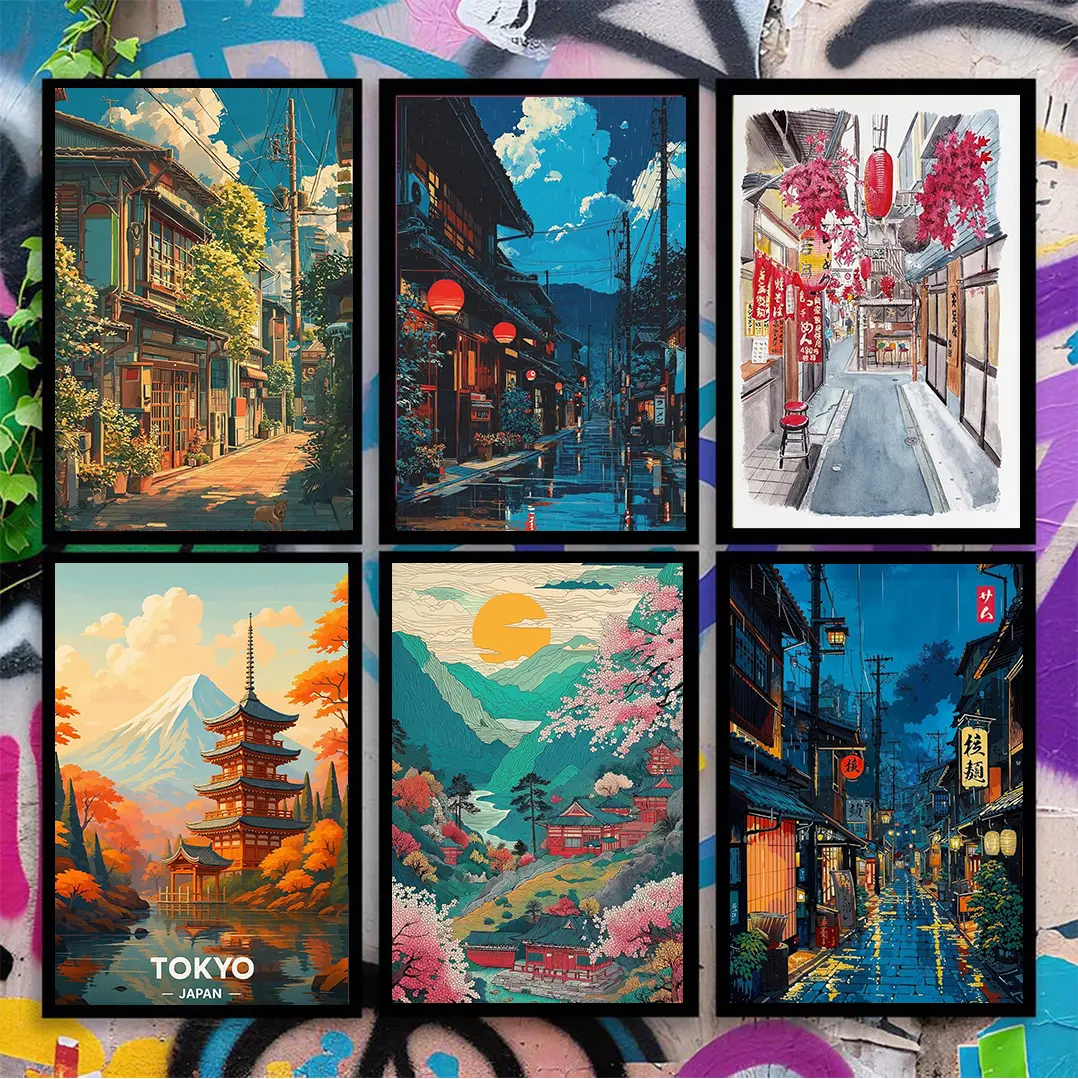 Japanese Tokyo Tea House Wall Art Poster Street Art Canvas Print Retro Japan Illustration Vintage Urban Scene for Bedroom Living Room Aesthetic