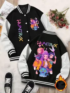 Women's K-Pop Style Graphic Fitted Button Baseball Jacket Coat Outerwear, Cute Cartoon Character Design, Soft Stretchy Elastic Fabric, Casual Streetwear, Long Sleeve Womenswear