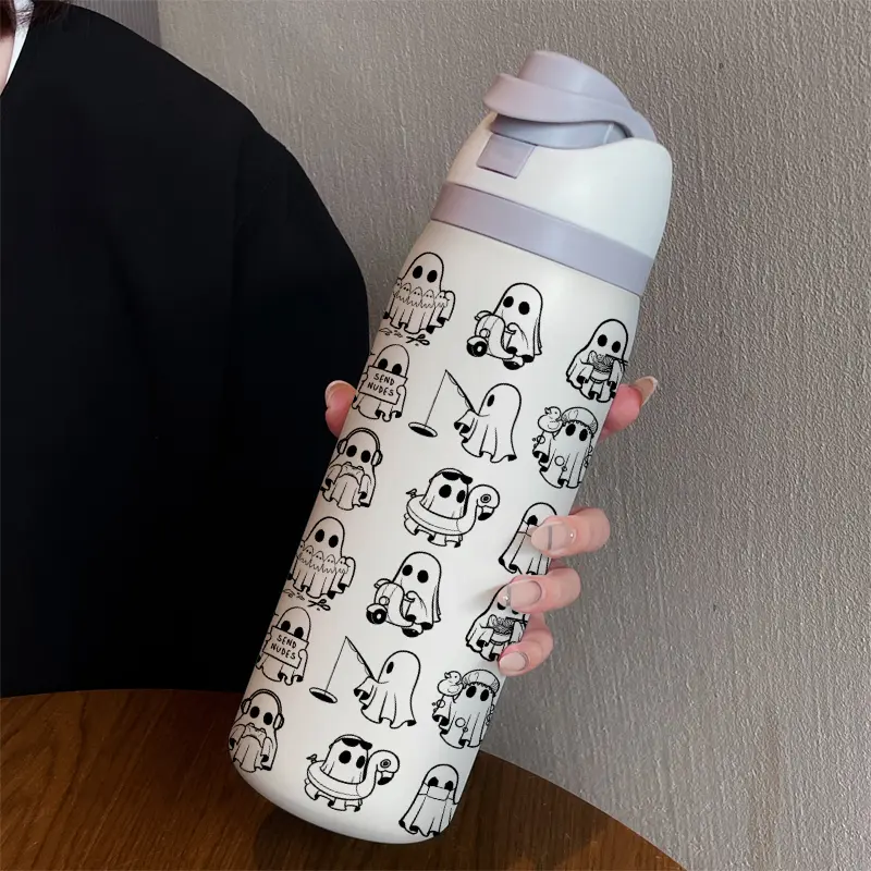 32oz Dual Drink Sports Water Bottle Tumbler Drinkware, Hydration Tumbler, Leakproof Insulated Tumbler, Ghost Pattern, 304 Stainless Steel Vacuum Insulation, Large Capacity Fruit Cup, Perfect Summer Gift