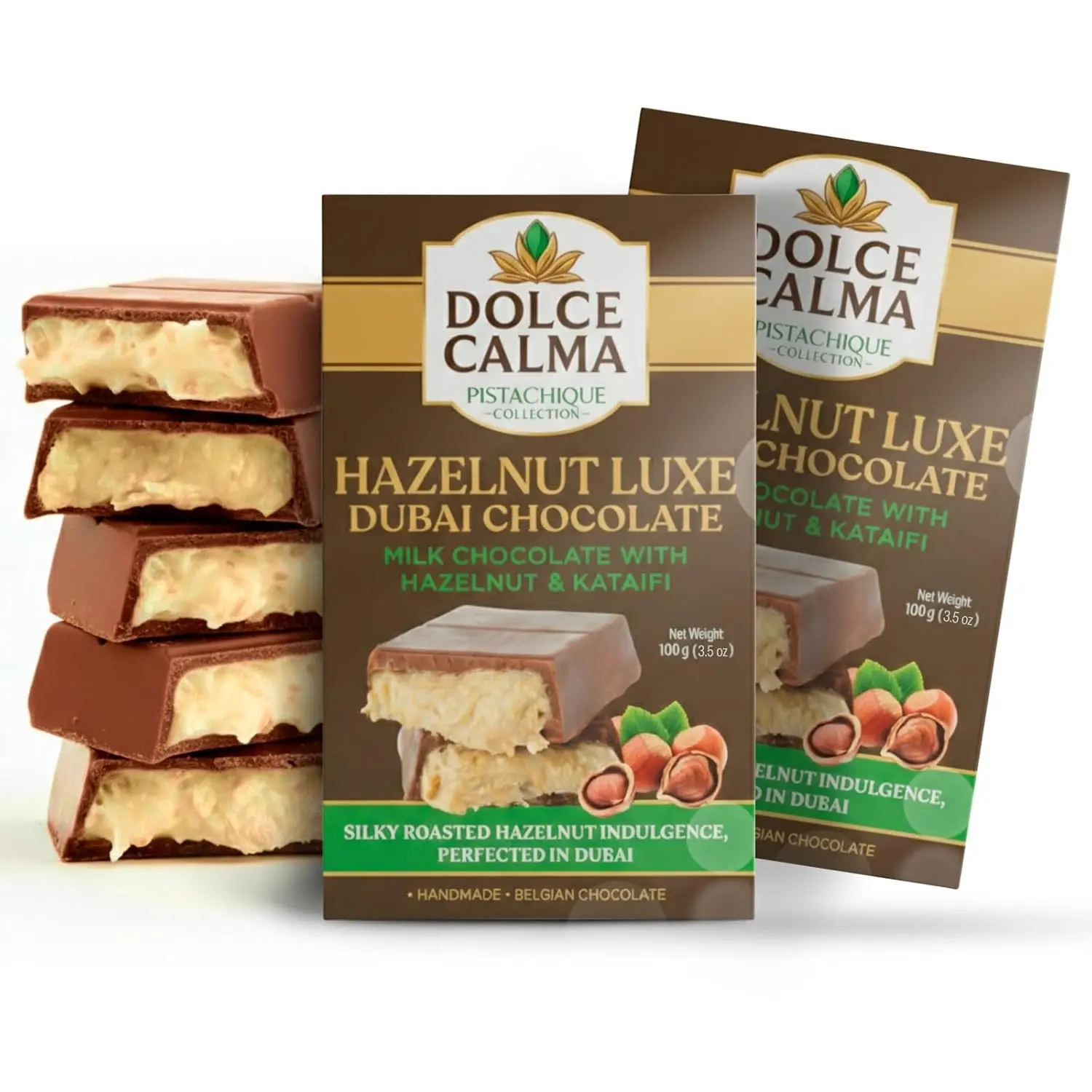 Dolce Calma Hazelnut Dubai Chocolate Bar Ships With Two Ice Gel Packs  – Authentic Handmade Belgian Chocolate with Turkish Pistachio & Crispy Kataifi, Kunafa Filling, No Palm Oil, (100g / 3.5oz)Pack of 3