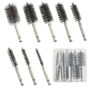 Stainless Steel Bore Brush, 8pcs Wire Brush for Drill, Durable Metal Bristles Twisted, 8 Size Set Multiple Diameter Options, 1/4 Inch Hex Shank, for Power Drill Impact Driver & Tube Cleaning - Home Improvement. Box  Tool