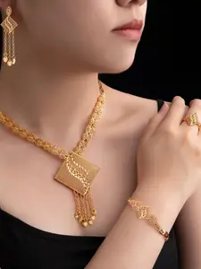 Elegant Gold-Plated Geometric Design Jewelry Set, Including Necklace & Earrings & Bracelet & Ring, Fashionable Jewelry Set for Party, Daily Clothing Decor, Trendy All-match & Exquisite Jewelry for Birthday Gift, Matching Jewelry Set