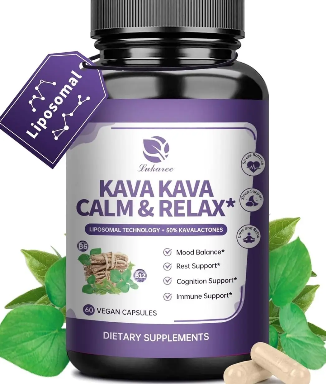 Kava Kava Root Extract Supplement - Liposomal Kava Capsules with L Theanine 200mg, 50% Kavalactones, Relax Calming Kava Extract, Vitamin B6, B12 - for Sleep, Mood, Cognitive & Immune Support, 60CT
