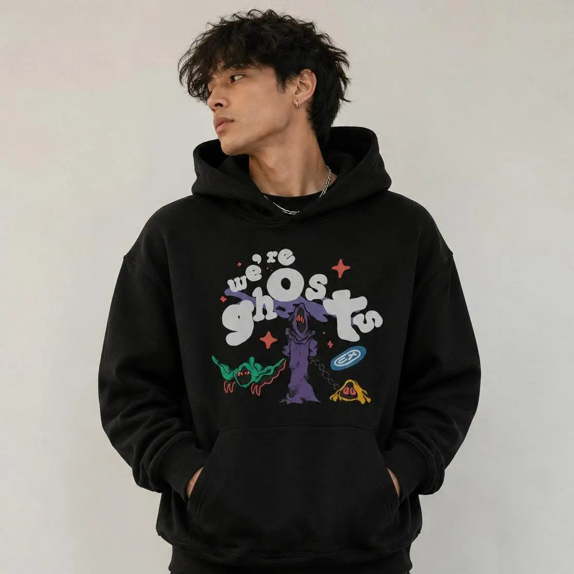 We are Ghosts Anime Graphic Hoodie Casual Streetwear Fleece Fabric Pullover Hooded Sweatshirt Trendy Halloween Tops Collection for Women for Men, Perfect Gift