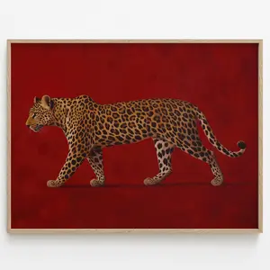 Vintage Safari Art, Big Cat Artwork, Maximalist Decor, Deep Red Statement Piece, Leopard Printing Print - Old Money Aesthetic Wall Art, Room Decor, Unframed