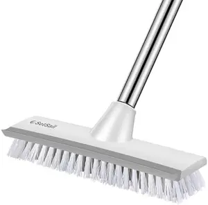 Floor Scrub Brush with 51-Inch Long Adjustable Handle 2 in 1 Scrape Brush Stiff Bristle Floor Scrubber for Cleaning Shower Bathroom Garage Kitchen Wall Deck Tub Tile,White