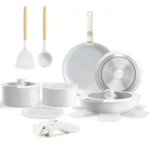 17pcs Induction Pots and Pans Set, Non-Stick Cookware with Removable Handle,Frying Pan,Saucepan,Milk Pan,Silicone Glass Lid,Oven Safe,RV Cookware Set