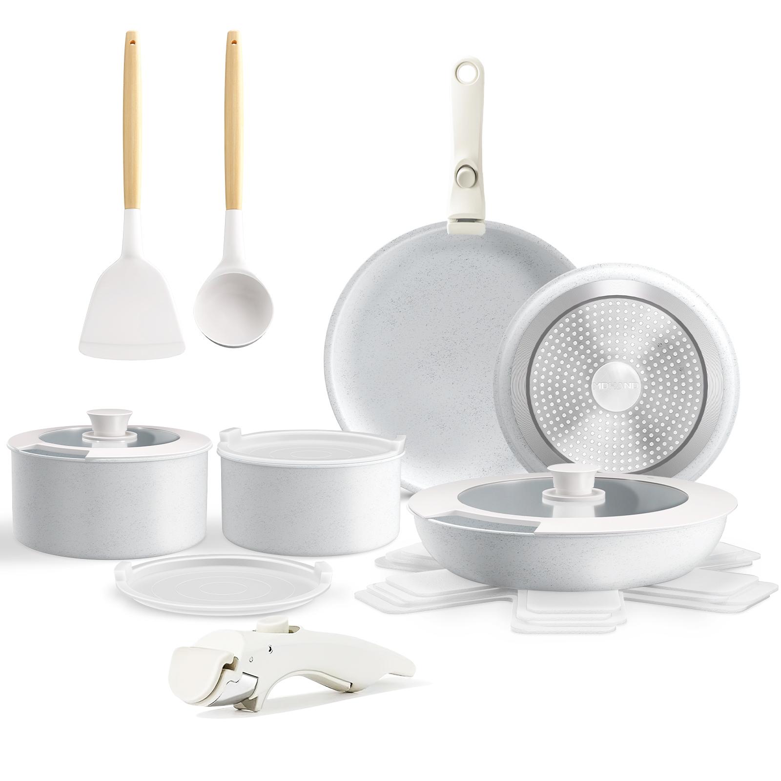 17pcs Induction Pots and Pans Set, Non-Stick Cookware with Removable Handle,Frying Pan,Saucepan,Milk Pan,Silicone Glass Lid,Oven Safe,RV Cookware Set