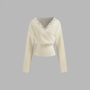 Cider [size 2-10] Knit V-neck Solid Lace Trim Wrap Long Sleeve Top