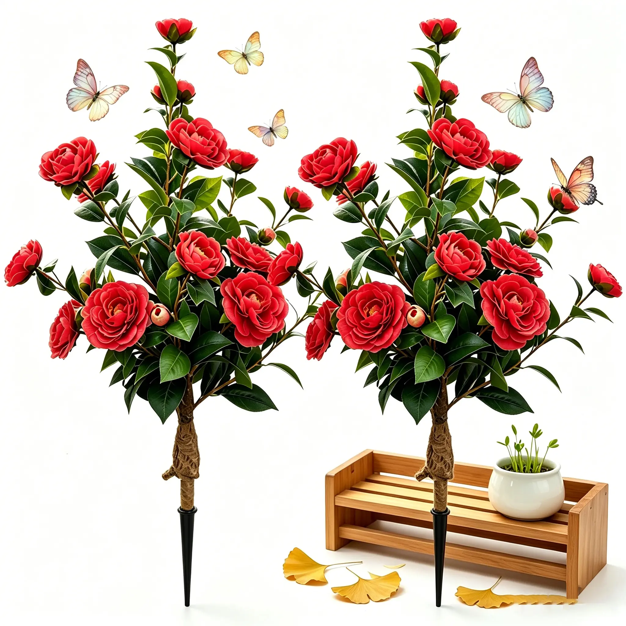 DLDA 2PCS Real Touch Red Camellia Artificial Flowers, UV Resistant Waterproof Faux Floral Stakes, Rustic Cottage Core Style, No-Fade All-Weather Outdoor/Indoor Decor for Yard Patio Home