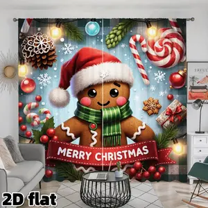 2D Flat 2Pcs Christmas Gingerbread Man Printed Curtains Holiday Theme Semi Shading Rod Pocket Panels Candy Cane Pine Cone Pattern Suitable for Living Room Bedroom Kitchen Party Seasonal Home Decor Privacy Protection Window Curtain