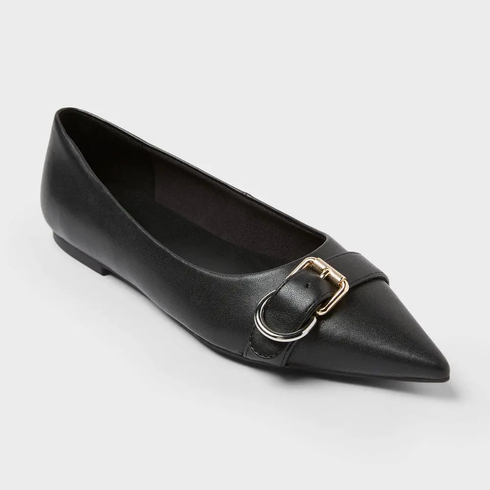 Women’s Valentina Pointed Toe Buckle Ballet Flats, Casual Pull-On Style with Memory Foam Insole, TPR Rubber Sole & Pointed Toe Glam Design