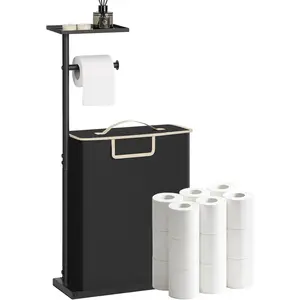30" Height Rustproof Free Standing Toilet Paper Holder Stand with Storage Holds Up to 12 Rolls, All-in-One Toilet Tissue Dispenser Organizer with Shelf & Basket, Black