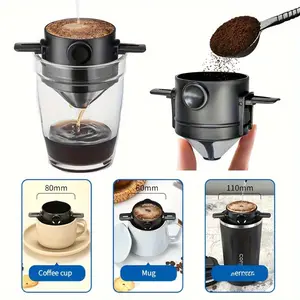 Portable Stainless Steel Reusable Coffee Filter with Foldable Dripper & Ear Hook - Easy Pour Design, Includes Storage for Brewing Rich, Smooth Coffee at Home or On-the-Go