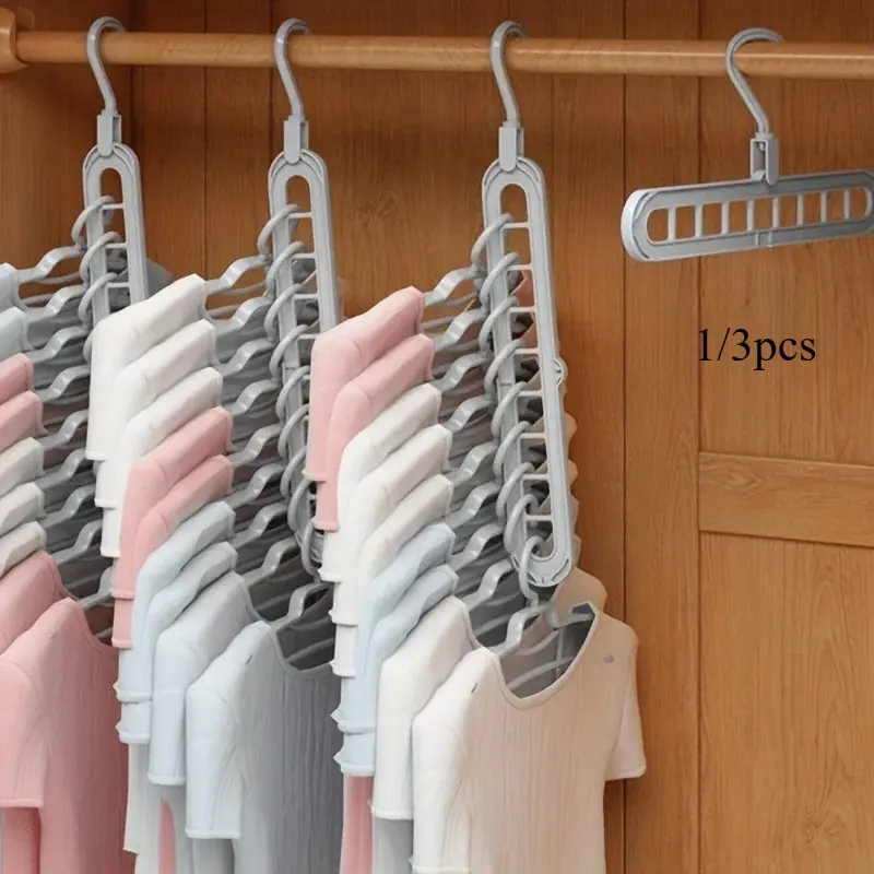 1/3pcs, Plastic 9-Hole Foldable Hanging Hangers, Folding Hangers, Heavy Duty Space Saving Clothes Organizer Hangers, For Room, Closet, Wardrobe, Home & Dor