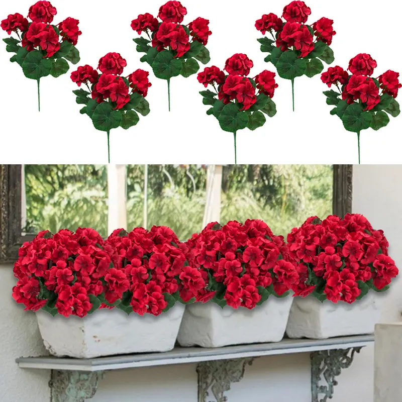 8 Bundles Artificial Geranium Flowers For Outdoors Geranium Flowers Outdoor Red Artificial Flowers UV Resistant Garden Plants Faux Flowers For Home Kitchen Table Centerpieces Patio Decor summerwins