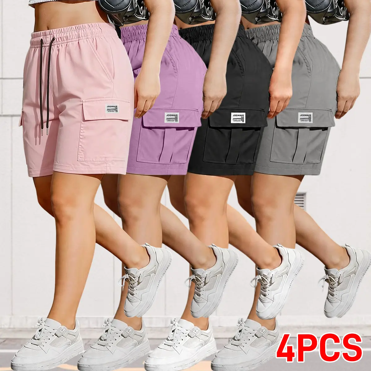 Women's 4-Pack Outdoor Cargo Bottoms, Elastic Waistband with Drawstring Tie, Breathable Polyester Knee-Length Summer Shorts, Multiple Pockets, Ideal for Everyday Work & Beach Vacations, Available in Multiple Sizes, Basic