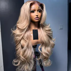 Brown Root Ash Blonde Body Wave 13x6 Lace Frontal Wig Human Hair Wigs Transparent Lace 180% Density Ombre Milk Tea Blonde Colored Human Hair Wigs For Women Pre-Plucked With Baby Hair Long Length 28 30 32 Inches