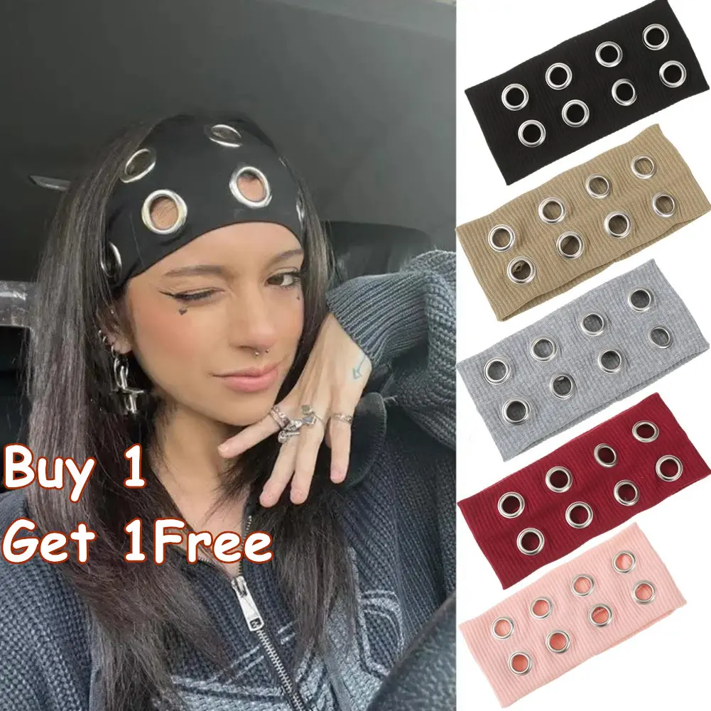 AWAYTR Buy One Get One Free Y2K Punk Girl Punk Grunge Hollowed Out Eyelets Elastic Wide Headband Fashion Rock Gothic Sports Headbands Hair Accessories