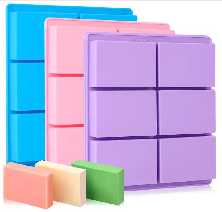 SJ Silicone Soap Molds 3 Packs, Rectangle Soap Molds for Soap Making, 6 Cavity Mold for Homemade Craft Soap Mold, Jelly, Chocolate & Ice Cube Trays(Blue, Purple & Pink)