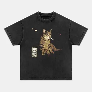 WACKY CAT Printed Design Unisex Vintage Crew Neck Regular Fit Cotton Fabric Casual Comfort Breathable Short Sleeve Funny T-shirts Fashion Men&Women's Top for Daily Wear 072207 SpringStatements Tee Distressed