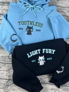 Toothless The Dragon embroidered sweatshirt, Night Fury Light Fury shirt, Couple embroidery hoodie, How to train your dradon shirt