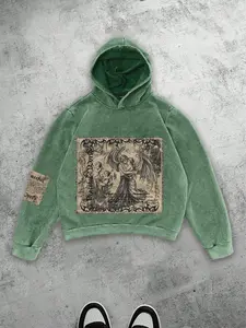 Oversized Boxy Cropped Long Sleeve Hoodie with Renaissance Print, Y2K Cyber Grunge Acid Wash Sweatshirt, Opium Style Archive Streetwear Pullover, Street Photography OOTD Winter Essential