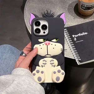 Cute cartoon silicone phone case suitable For iPhone 17 16 15 14 13 12 Pro Max with 3D stand kitten protective case Cover