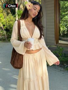 Women Spring Autumn Long Sleeve V Neck Tops Long Skirt Beach Vacation Chiffon Two Piece Set Outfit