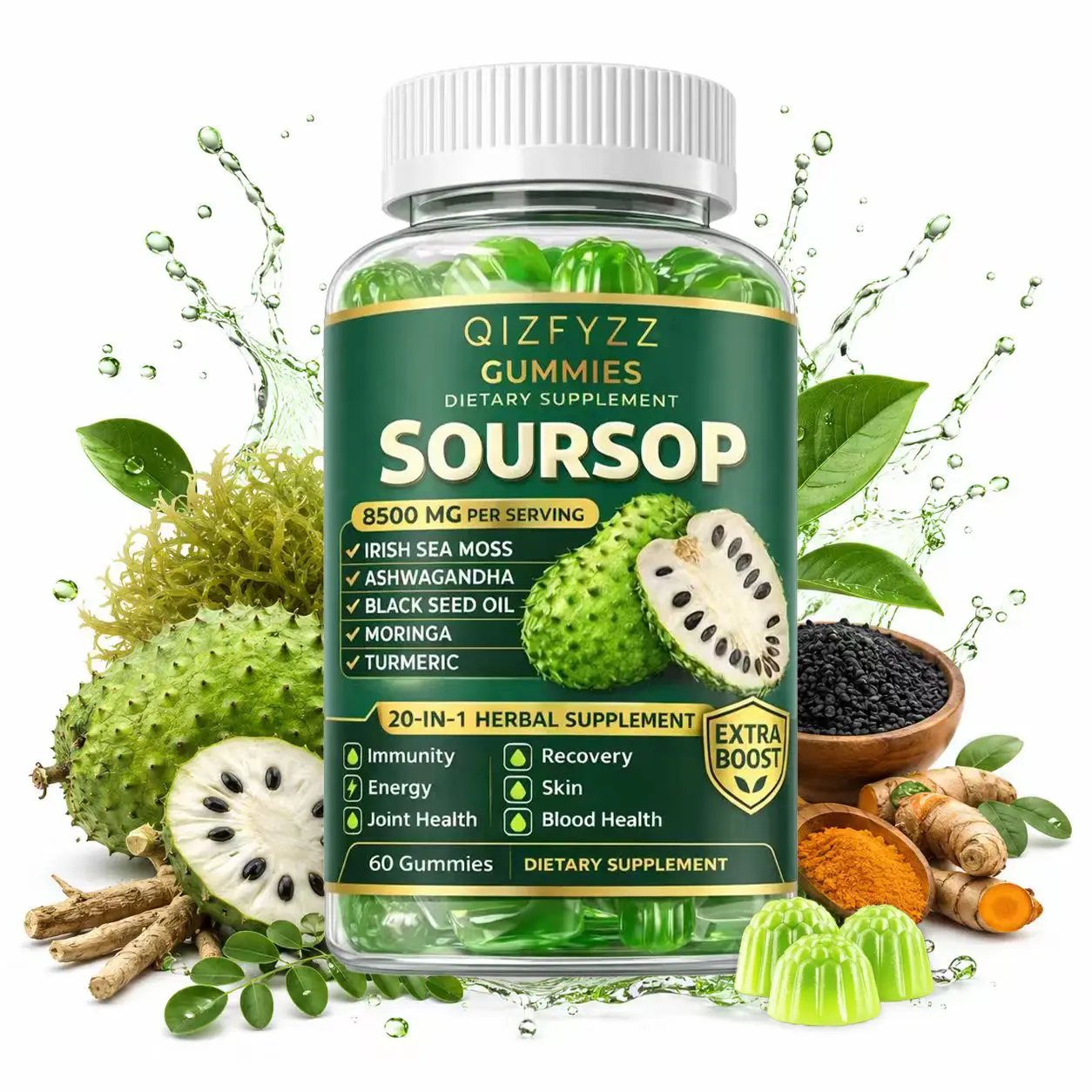 Soursop Gummies 20-in-1, Soursop Leaf & Sea Moss Gummies with Moringa, Turmeric, Black Seed Oil, Oregano and Ashwagandha, Herbal Supplement for Daily Wellness, Vegan, Non-GMO, 60 Gummies