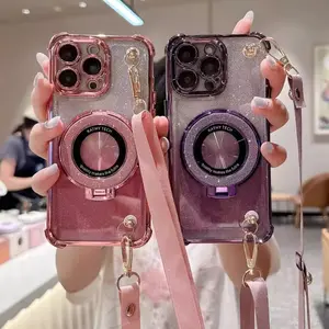Shockproof Glitter Lanyard Case For iPhone17 16 15 14 13 11 12 Pro Max XS X XR  Plating Silicon Phone Holder Bracket Cover