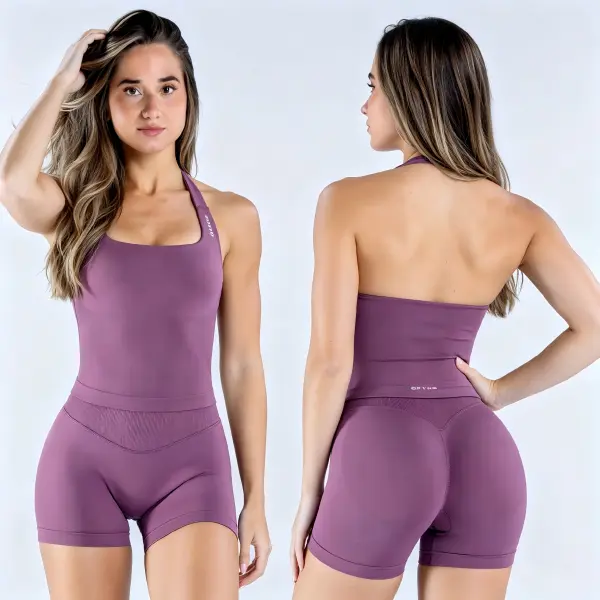 (With Logo)  DFYNE Halter Top Shorts Set- Seamless shaping design, hip-lifting design, women's sportswear set, suitable for variousoccasions such as yoga, fitness, cycling, hiking, running, sports, and outdoor leisure breathable cute