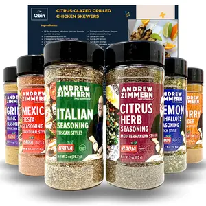Badia Andrew Zimmern Bundle - Grill Magic Moroccan Style - Curry Powder Madras Style - Mexican Fiesta Traditional Style - Italian Tuscan Style - Lemon & Shallots French Style - Citrus Herb Mediterranean Style- - QBIN Recipe Card - Variety Pack Of 6