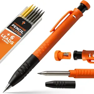 3-in-1 Carpenter Pencils with Finger Grip for Construction - Incl. 7 Leads + Sharpener - Solid Mechanical Pencils with Fine Point/ Marking tools Construction/Carpenters/Scriber