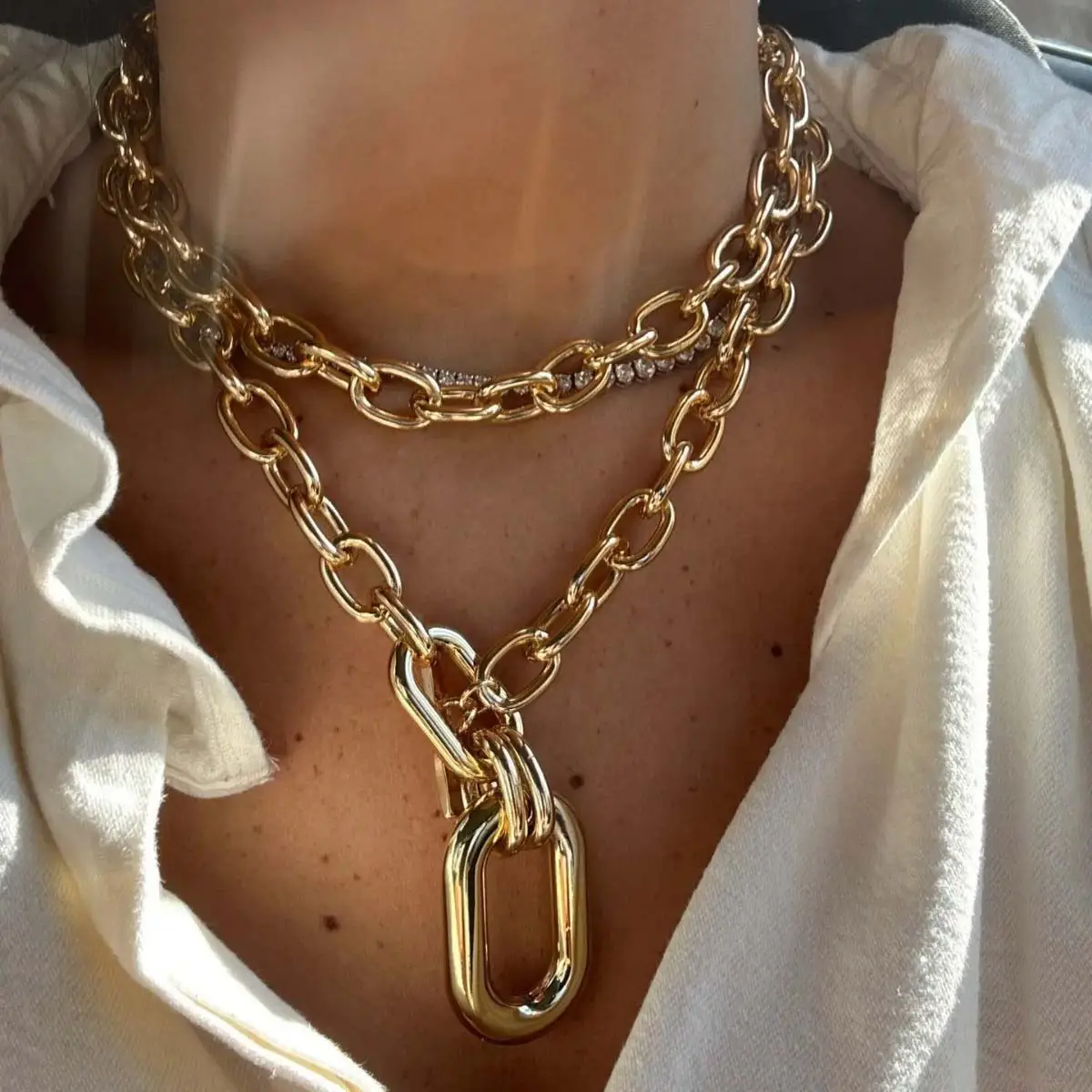 Large Pendant Multi-layer Cuban Necklace Golden Length Adjustable Clavicle Chain Women's Jewelry