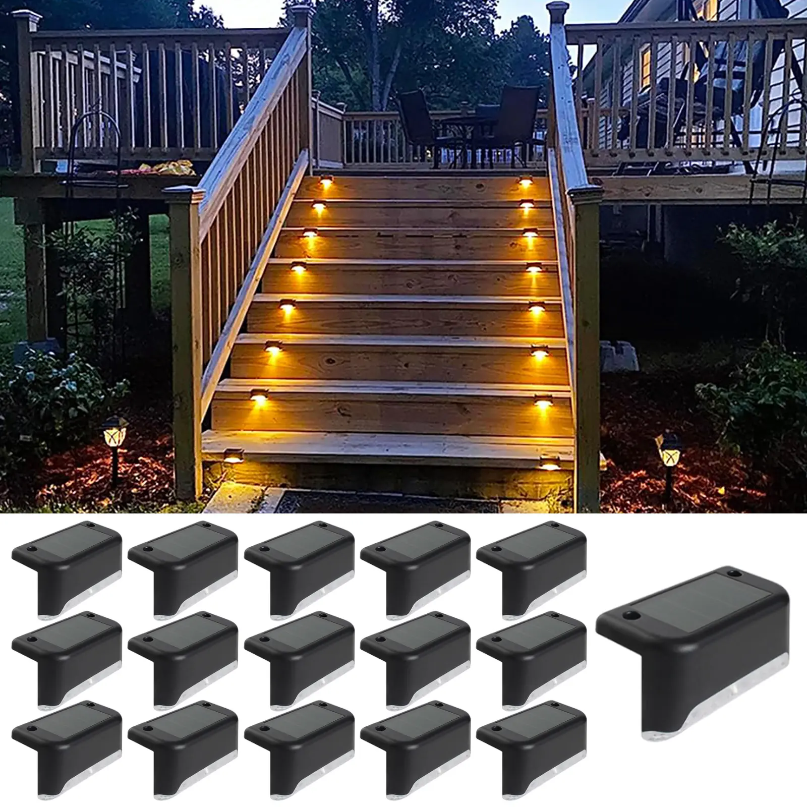 16-Pack Solar Color Changing Deck Lights, Auto On/Off IP44 Rated No Wiring Solar-Powered LED Fixtures with 3m Sticky Tape, Easy Installation Waterproof Outdoor Lights for Backyard Decks, Driveway Stairs