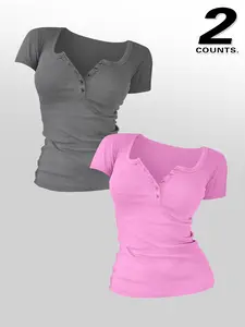 2 Pieces Women Tops Women's Basic Solid Color Buttons V Neck Tee, Casual Short Sleeve T-shirt for Summer, Ladies Clothes for Daily Wear, Womenswear Top
