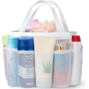 Mesh Shower  Freestanding Portable Shower Tote Bag for College Dorm, Bathroom, Gym, Travel, Quick Dry Hanging Shower Organizer with 7 Storage Pockets for Toiletry Essentials, White