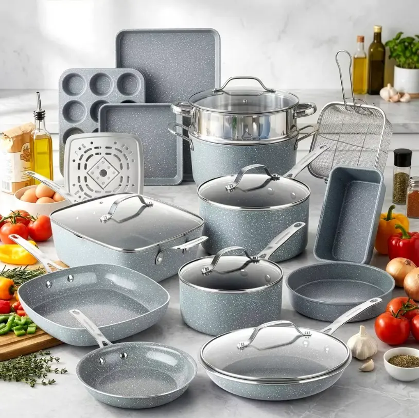 Granitestone 20-Piece Nonstick Cookware Set with Lids, Nonstick Ceramic Cookware & Bakeware, Non Toxic, Complete Kitchen Essentials for Family Meals, Oven Safe up to 500°F, Dishwasher Safe, Easy to Clean