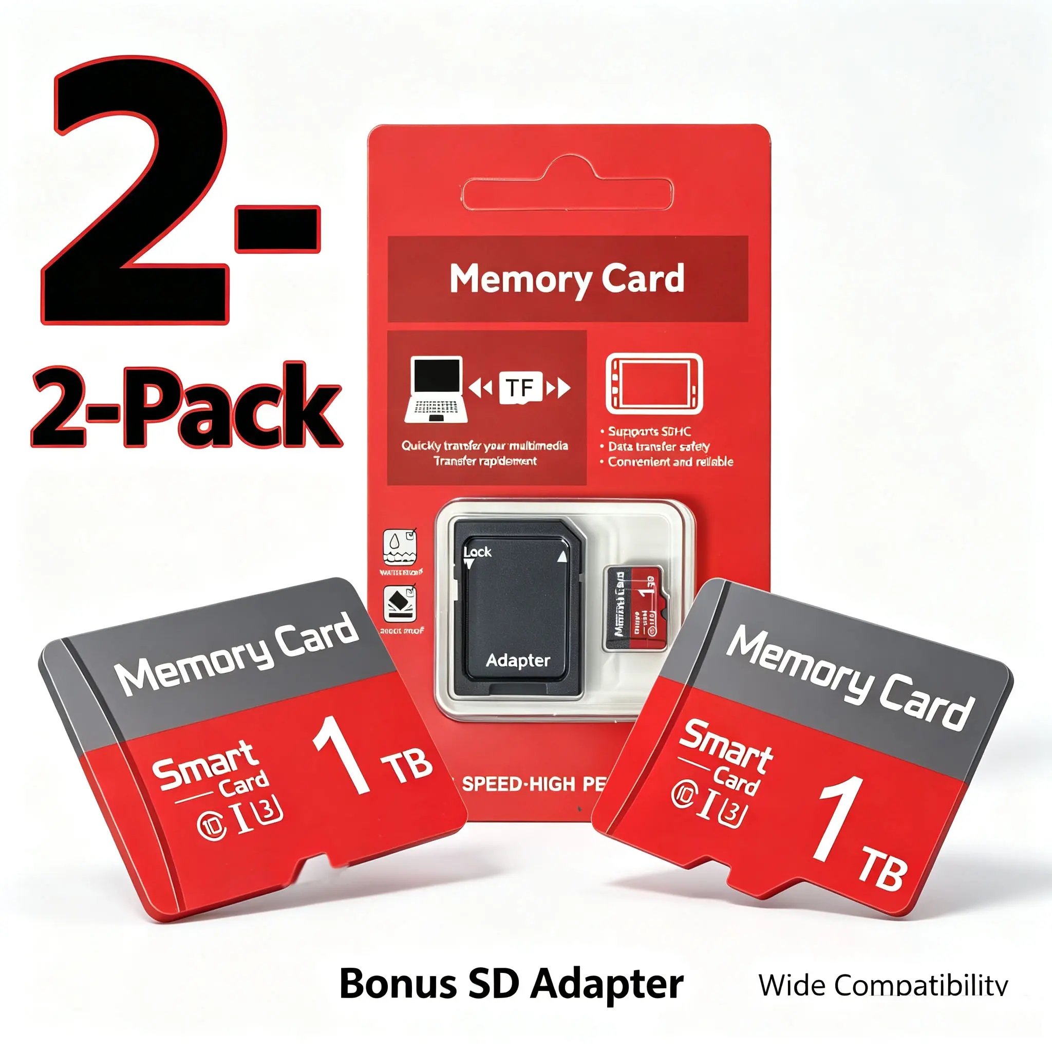 2pk 1TB, micro sd card, wide fit memory card, class 10 sd card, free 2 SD adapters, for kids camera, tablet, micro sd memory card, ideal for stable multimedia storage car audio versatile use microsdxc durable tf u3 SD With Adapter memory cards