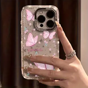 Pink tulip and butterfly pattern, transparent rhinestone frame with star design, shockproof, sparkling protective case, compatible with iPhone 17, 16, 15, 14, 13, 12 and other models. Makes a great gift for friends or family.