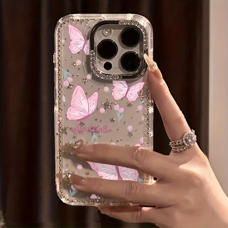 Pink tulip and butterfly pattern, transparent rhinestone frame with star design, shockproof, sparkling protective case, compatible with iPhone 17, 16, 15, 14, 13, 12 and other models. Makes a great gift for friends or family.