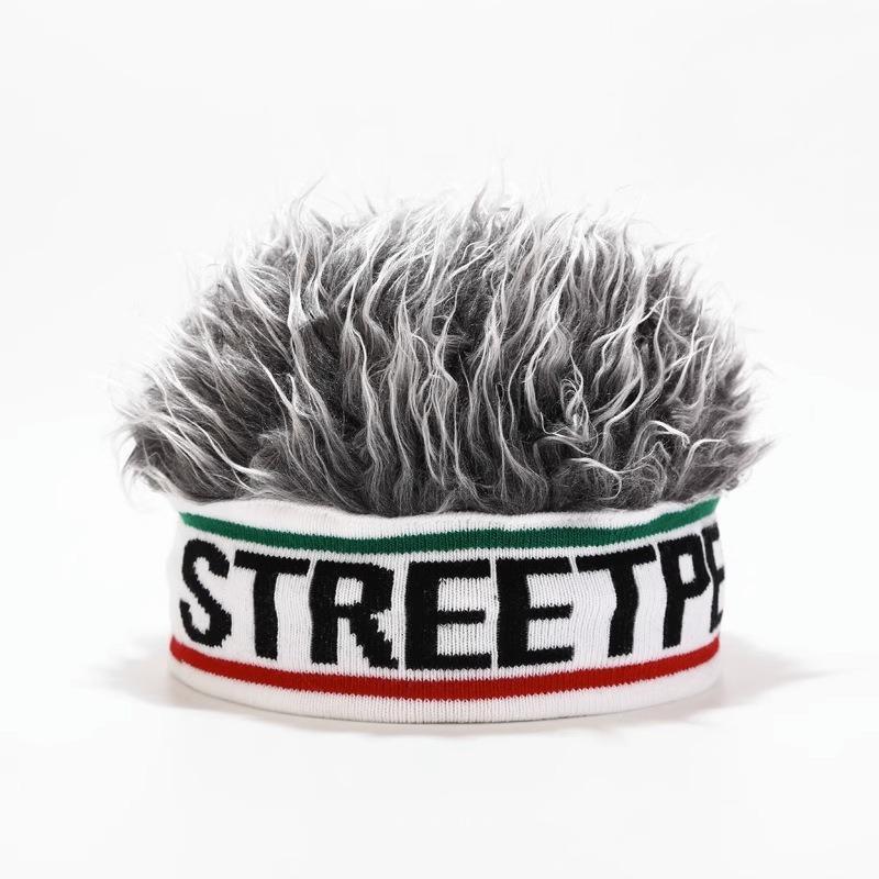 Men'S Funky Faux Fur Knit Beanie Hat - Hip-Hop Style, Straight Hair, No Brim, Perfect for Parties & Cosplay, Black & White Design, Party Accessory | Funky Beanie | Faux Fur Hat, Knit Beanie Hat