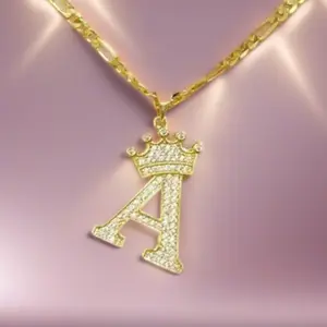 Luxury Shiny Initial Crown Necklace – A-Z Zircon Pendant, 50+5cm Gold-Tone Chain for Women