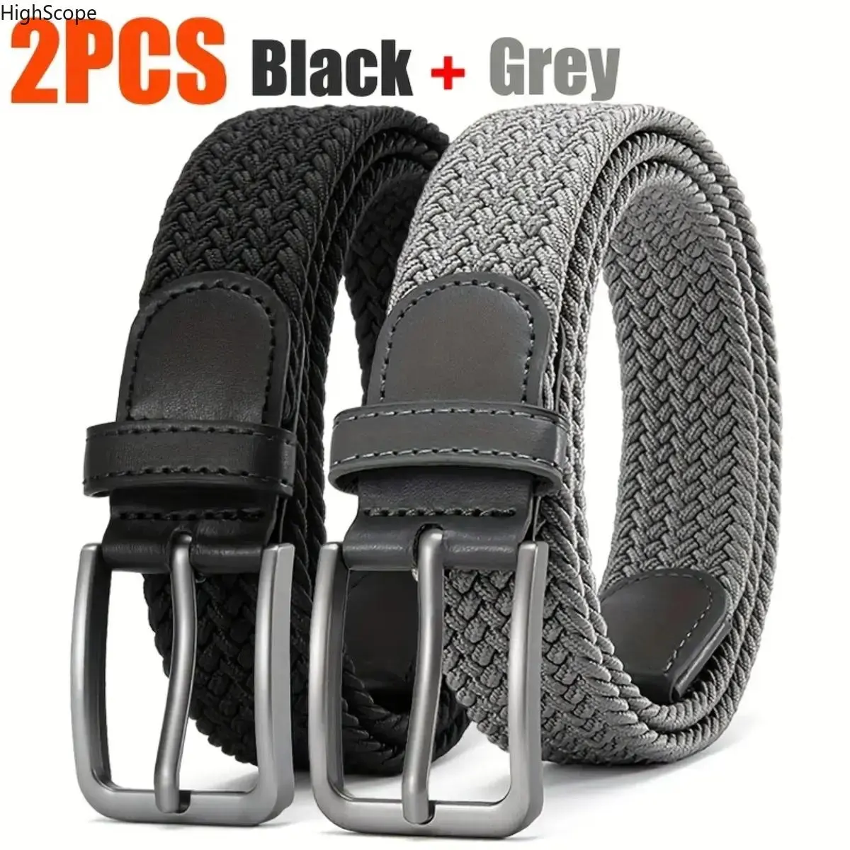 2 Pack Elastic Woven Golf Belts for Men, Stretch Fabric Casual Belts, Adjustable Braided Belts for Jeans Outdoor