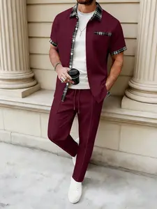 Men's Business Casual Sport Colorblock Waffle Short Sleeve Long Pants Lapel Shirt Essential Set Outfit, Stylish and Comfortable Workwear, Menswear