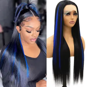13x4 Long Black And Blue Straight Lace Front Wigs Natural Black And Blue Highlights Wigs Middle Parting Heat Resistant Fiber Hair For Women For Christmas Halloween Use 26 Inch